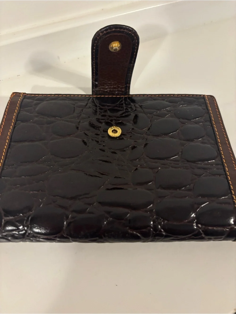Croc Embossed Clutch/Wallet Snap Closure Dark Brown Orange Stitching 4.25 x 6”